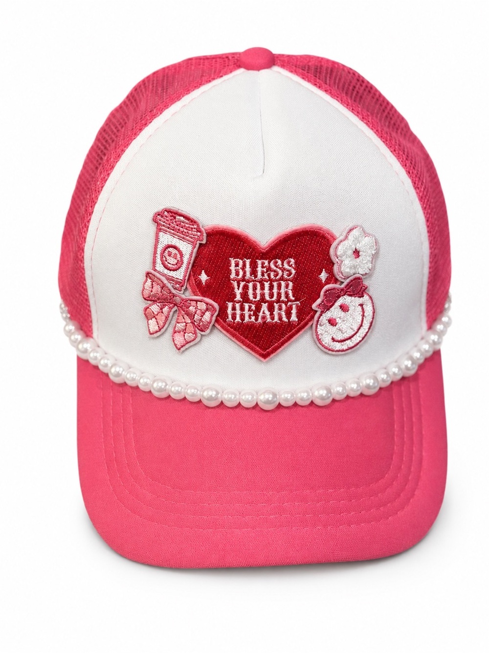 Hand Crafted Pink and White "Bless Your Heart" Pearl-Trim Cap
